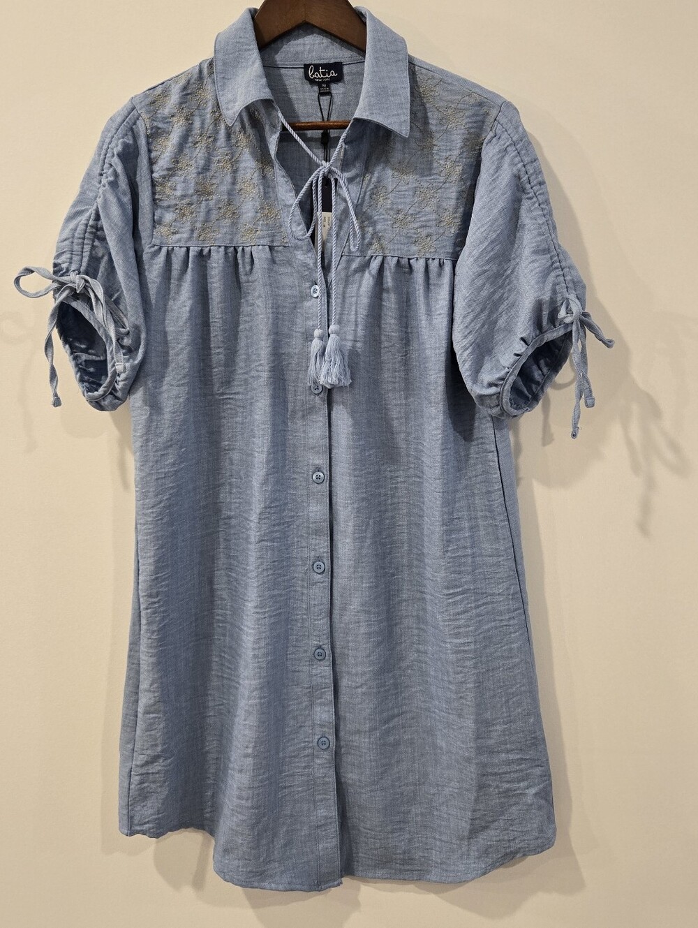 NEW Batia New York Denim Tie Front Tassel Dress Sz M 8 10 Preppy Casual Comfy